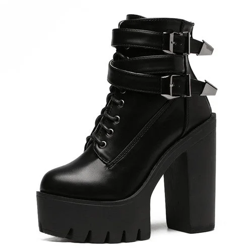 Gdgydh 2018 Spring Fashion Women Boots High Heels Platform Buckle Lace Up Leather Short Booties Black Ladies Shoes Good Quality