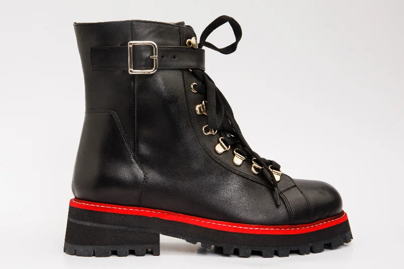 The Belgrano Black Leather Lace-Up Ankle Women Boot With a Side Zipper