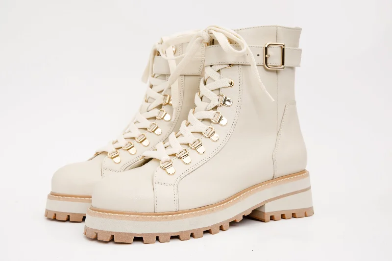 The Belgrano Cream Leather Lace-Up Ankle Women Boot With a Side Zipper