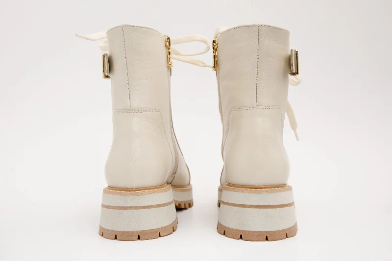 The Belgrano Cream Leather Lace-Up Ankle Women Boot With a Side Zipper