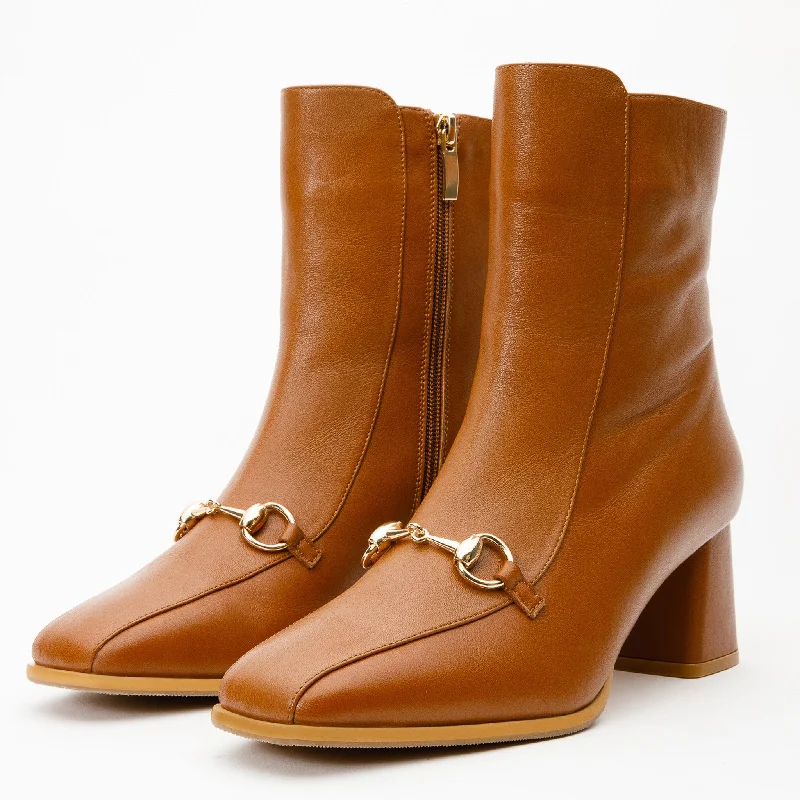 The Bukres Tan Leather Block Heel Mid Calf Women Boot