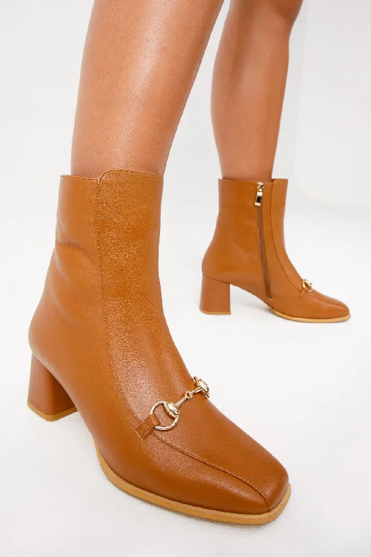 The Bukres Tan Leather Block Heel Mid Calf Women Boot