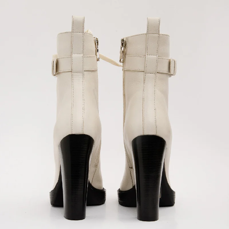 The Estrada Cream Leather Lace-Up Platform Heel Mid Calf Women Boot