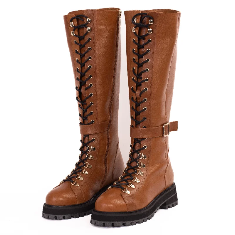 The Istinye Tan Leather Knee High Lace-Up Women Boot Limited Edition