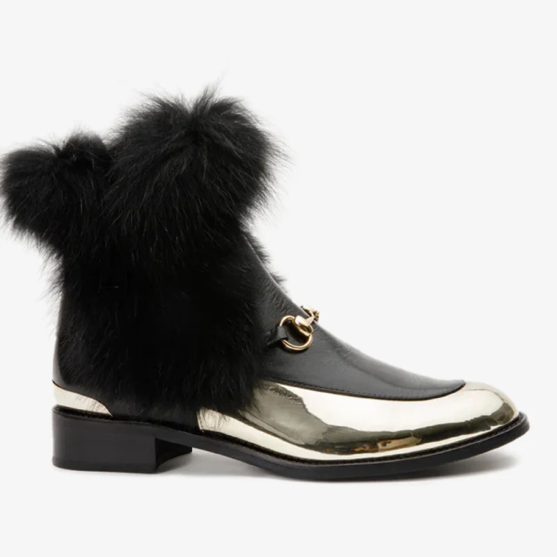 The Izmir Black & Gold Leather Natural Fox Fur Mid Calf Women Boot