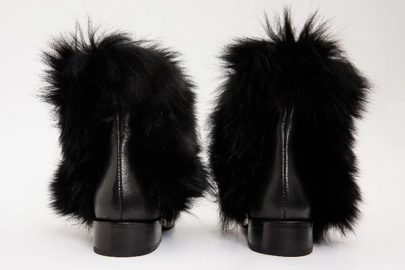 The Izmir Black Leather Natural Fur Mid Calf Women Boot