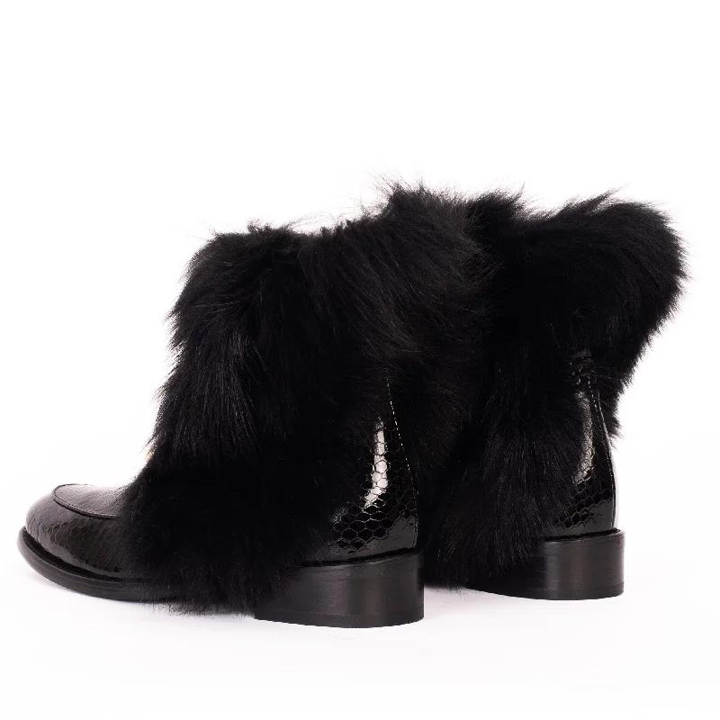 The Izmir Black Patent Leather Natural Fur Mid Calf Women  Boot