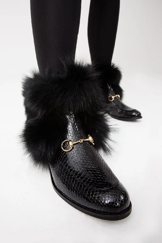 The Izmir Black Patent Leather Natural Fur Mid Calf Women  Boot