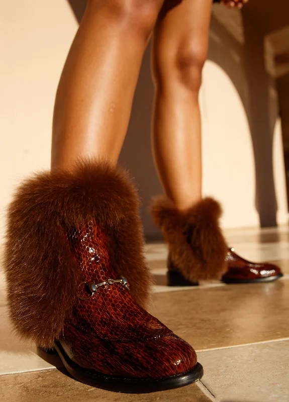 The Izmir Brown Patent Leather Natural Fur Mid Calf Women Boot