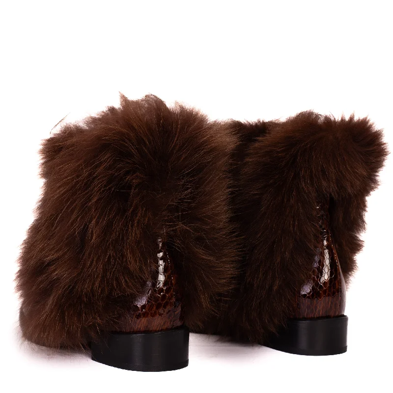 The Izmir Brown Patent Leather Natural Fur Mid Calf Women Boot