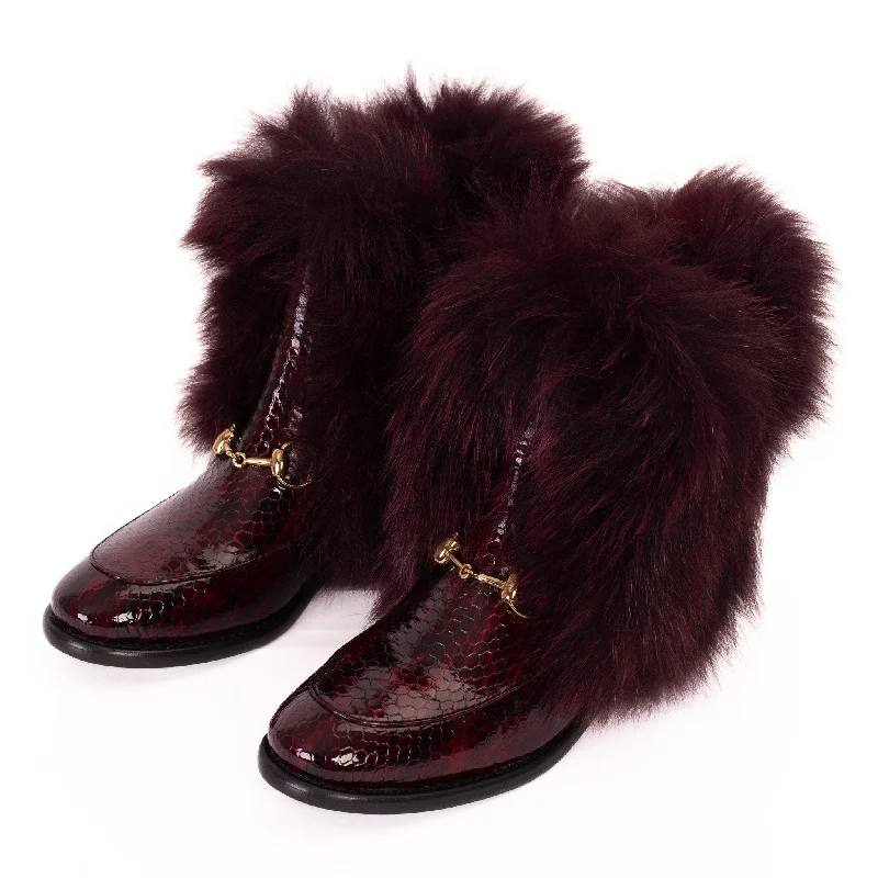 The Izmir Burgundy Patent Leather Natural Fur Mid Calf Women Boot