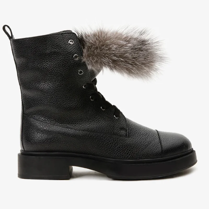 The Kajapati Black Leather Natural Fur Mid Calf Women Boot