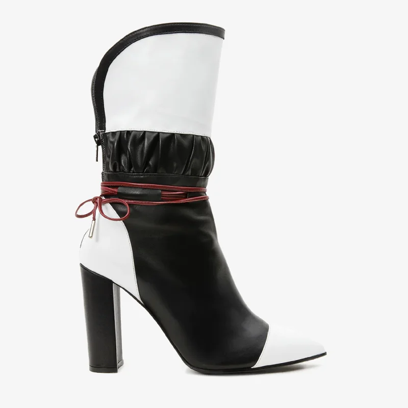 The Lucca Black & White Leather Mid Calf High Heel Women Boot Limited Edition