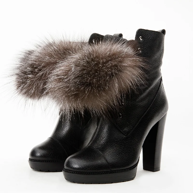 The Melo Black Leather Natural Fur Mid Calf Platform Heel Women Boot