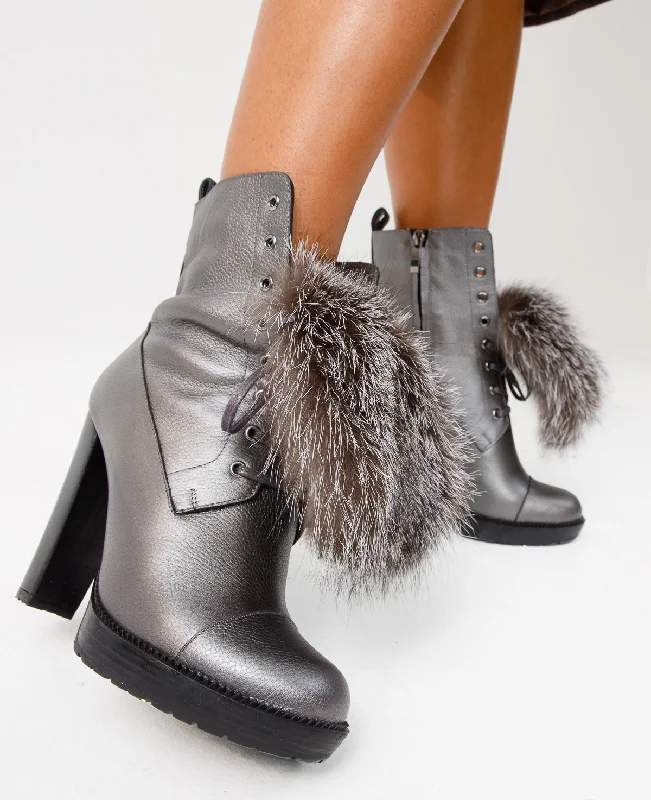 The Melo Grey Leather Natural Fur Mid Calf Platform Heel Women Boot