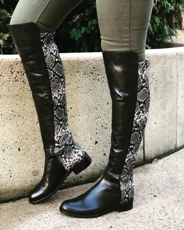 The Moengo Black Leather Leopard Knee High Women Boot