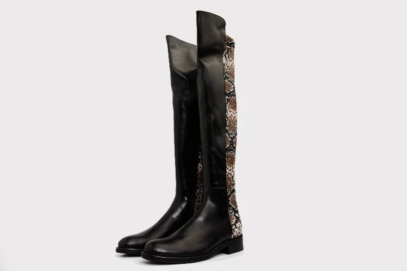 The Moengo Black Leather Leopard Knee High Women Boot