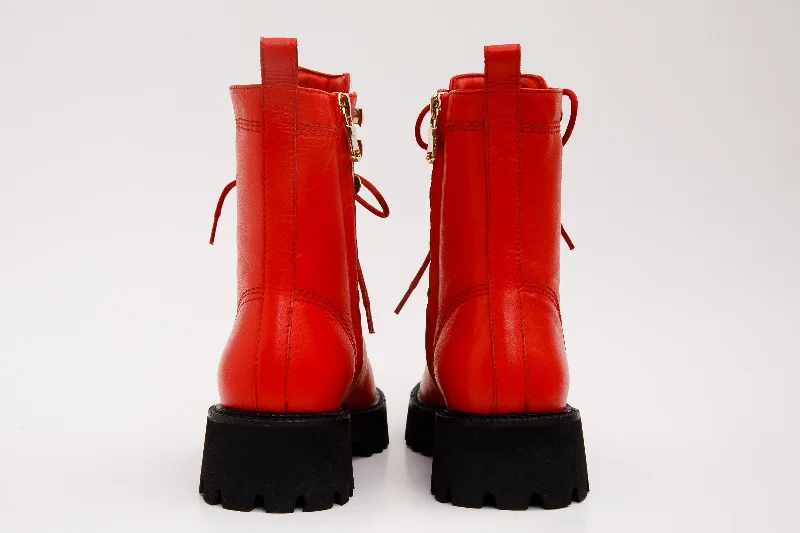 The Moreno Red Leather Lace-Up Mid Calf Women Boot