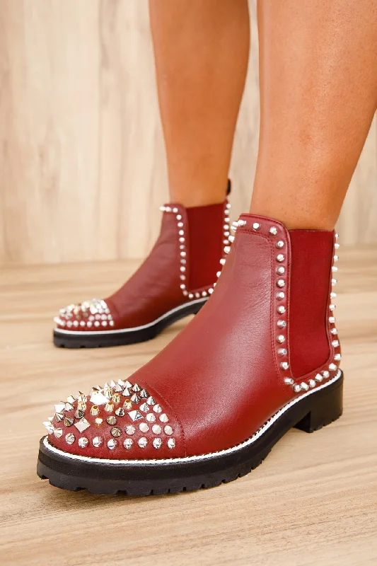 The Vuvulane Burgundy Spike Leather Ankle Women  Boot