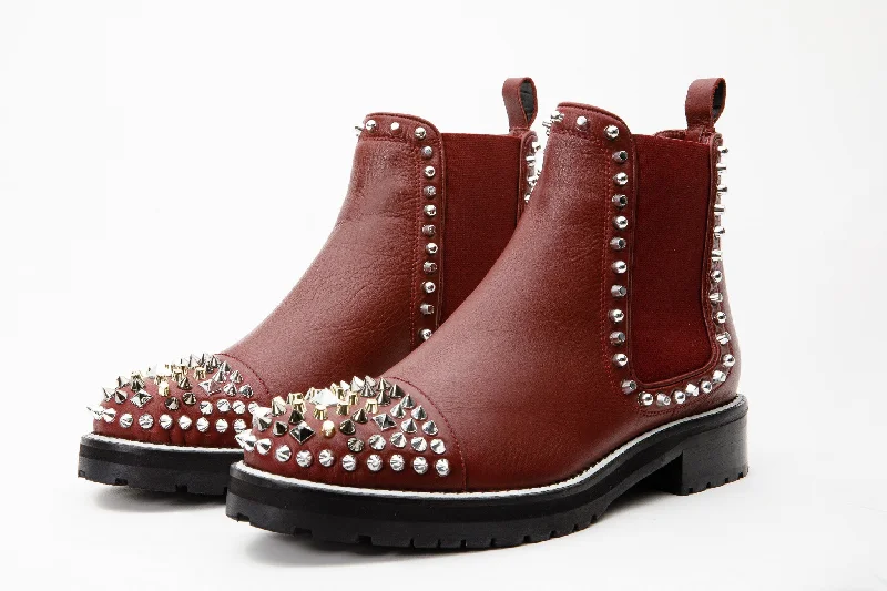 The Vuvulane Burgundy Spike Leather Ankle Women  Boot