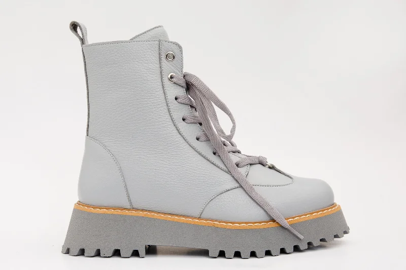 The Yildiz Grey Leather Lace-Up Ankle Women Boot With a Side Zipper