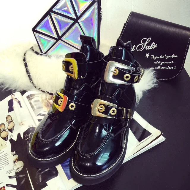 Women Ankle Motorcycle Martin Boots Hollow out autumn Shoes Patent Leather Fashion black Ladies Booties metal buckle 100411