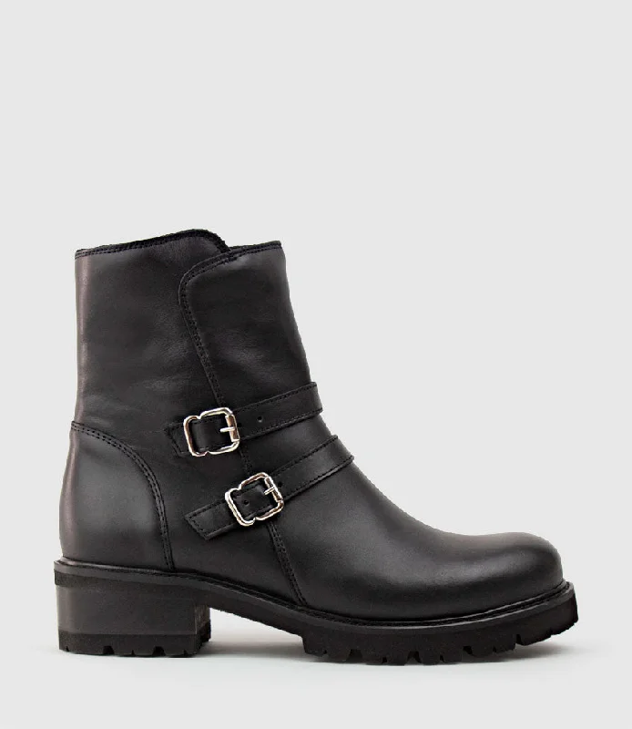 CARLY Double Buckle Biker Boot in Black