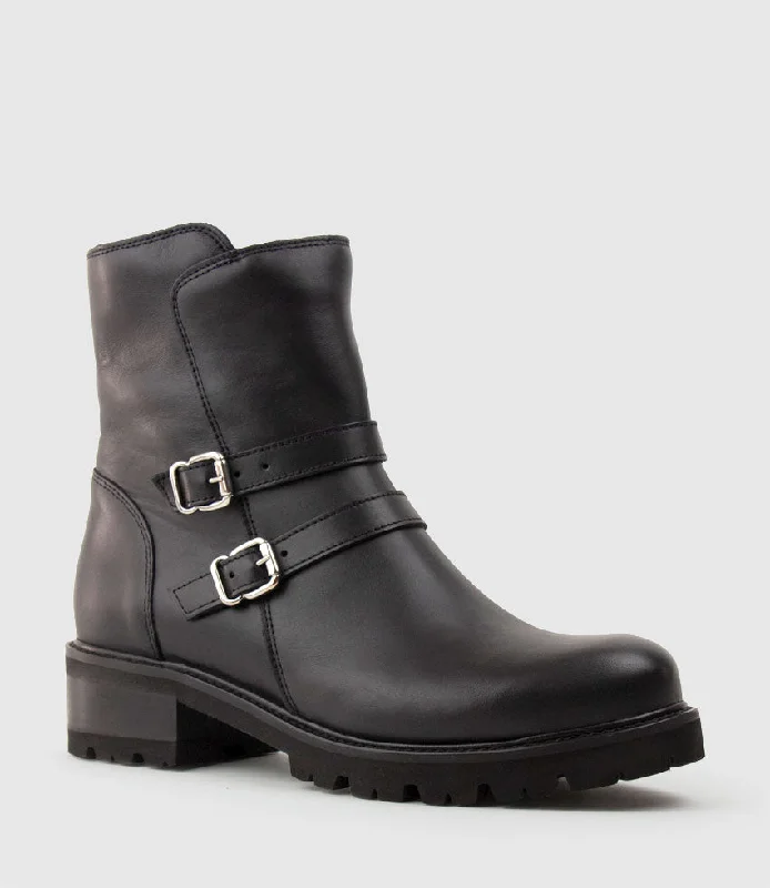 CARLY Double Buckle Biker Boot in Black