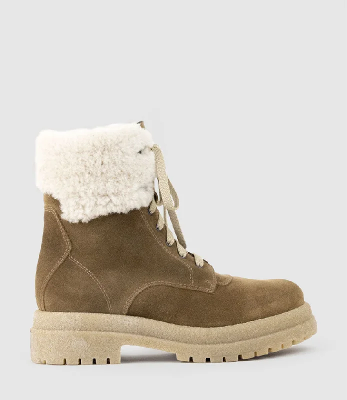 VICTOR Shearling Collar Lace Up Boot in Walnut Suede