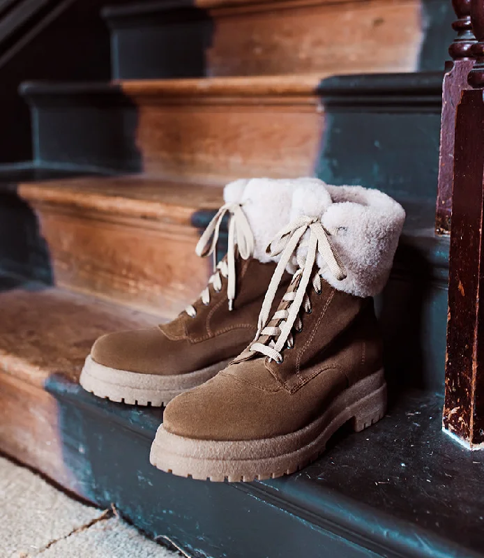 VICTOR Shearling Collar Lace Up Boot in Walnut Suede