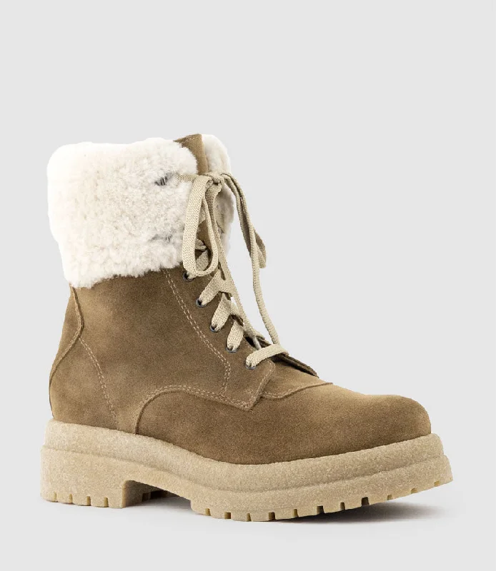 VICTOR Shearling Collar Lace Up Boot in Walnut Suede