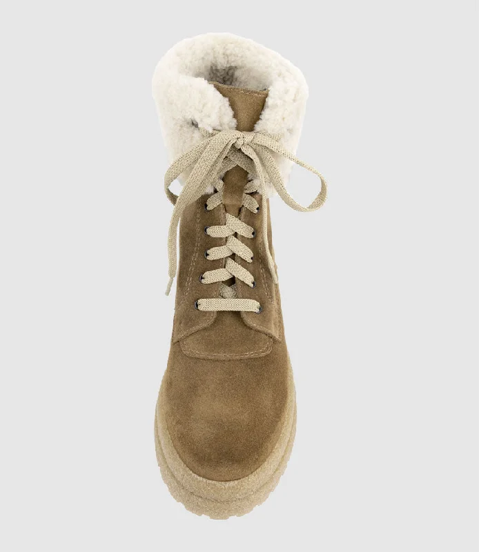 VICTOR Shearling Collar Lace Up Boot in Walnut Suede