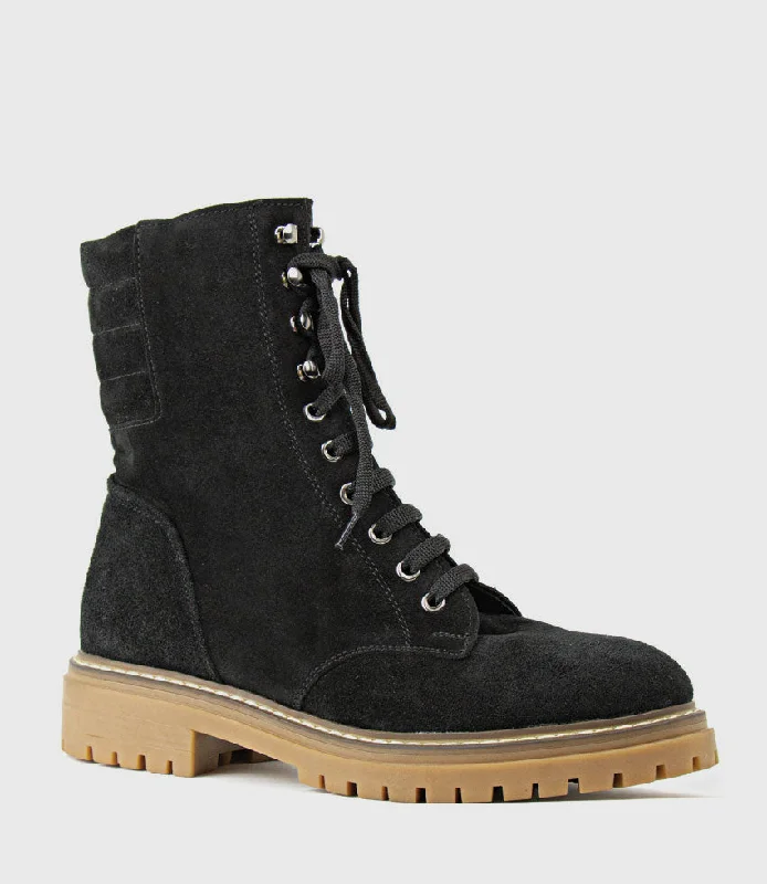 WODEN Lace Up Combat Boot in Black Suede