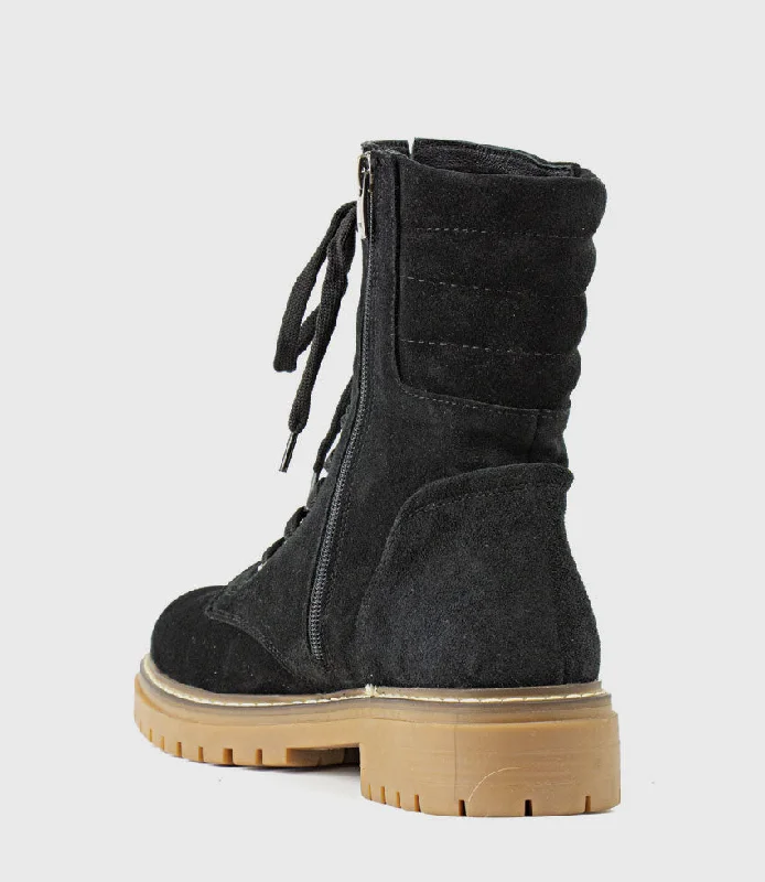 WODEN Lace Up Combat Boot in Black Suede