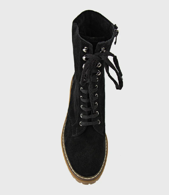 WODEN Lace Up Combat Boot in Black Suede