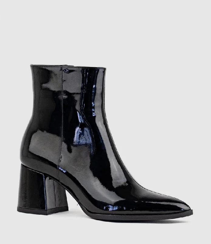 ZAFA Pointed Block Heel Ankle Boot in Black Patent