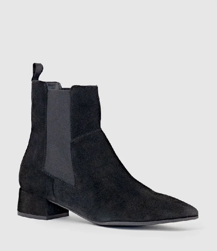 ZEBE35 Pointed Ankle Boot with Gusset in Black Suede