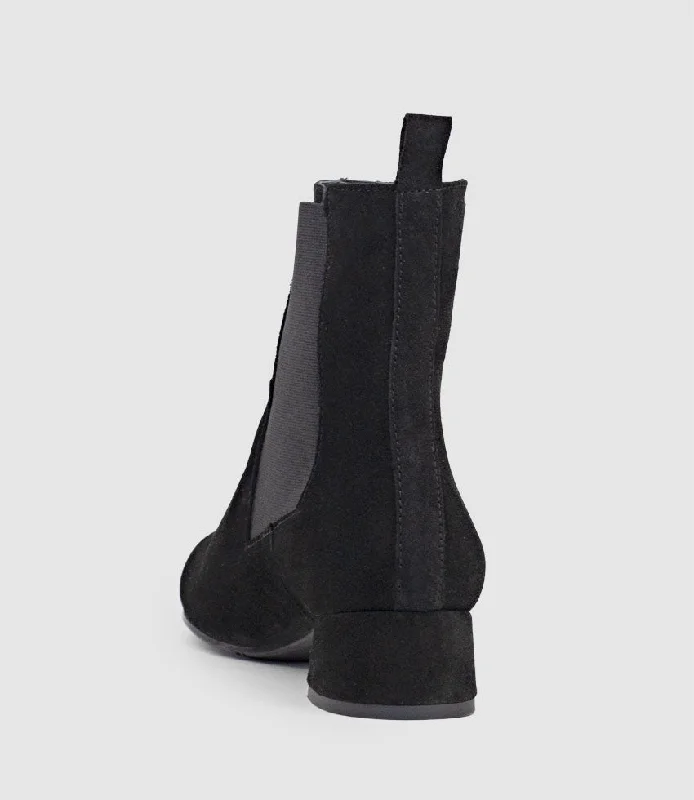 ZEBE35 Pointed Ankle Boot with Gusset in Black Suede