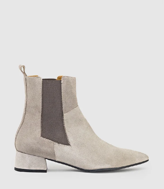 ZEBE35 Pointed Ankle Boot with Gusset in Taupe Suede