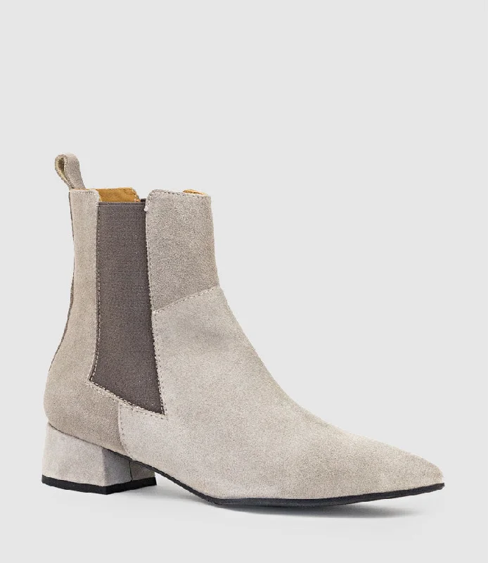 ZEBE35 Pointed Ankle Boot with Gusset in Taupe Suede