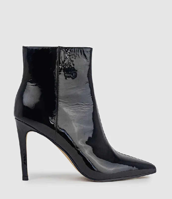 ZELIA100 Stiletto Ankle Boot in Black Patent