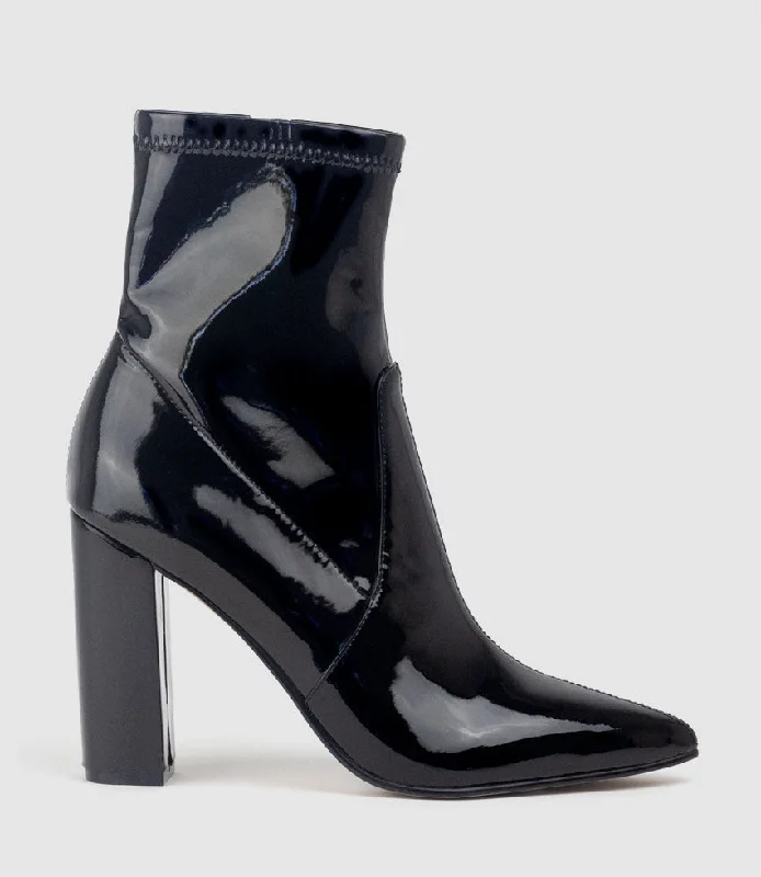 ZENYA100 Block Heel Sock Boot in Black Patent