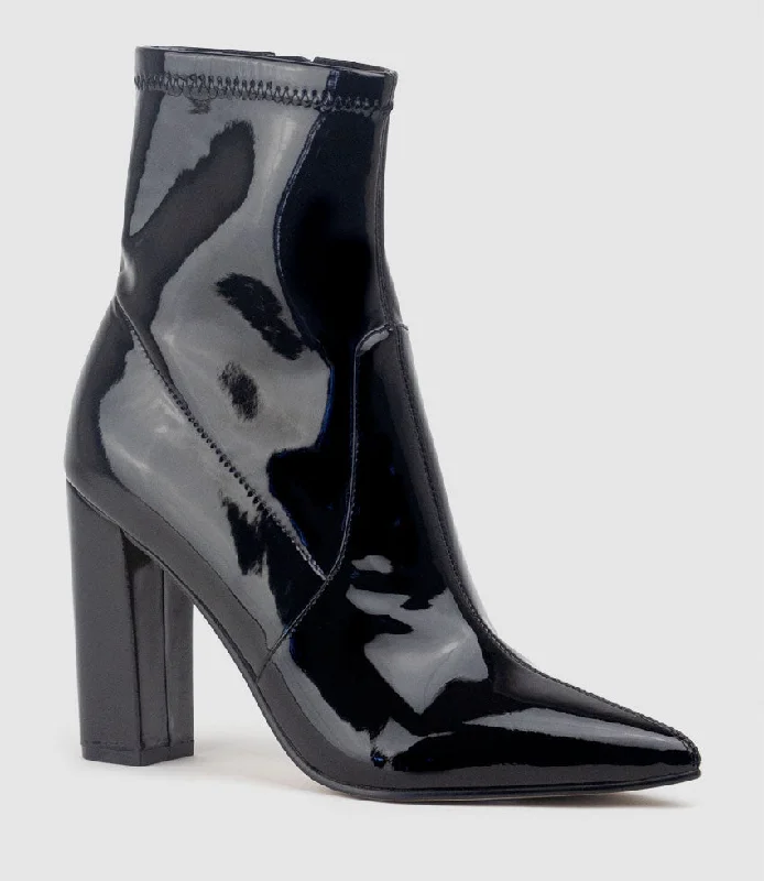 ZENYA100 Block Heel Sock Boot in Black Patent