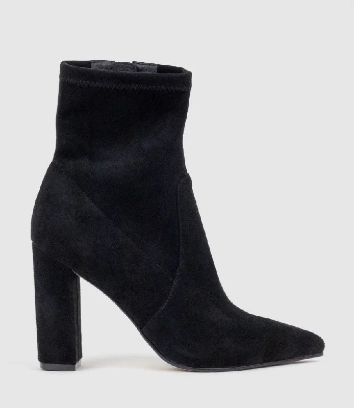 ZENYA100 Block Heel Sock Boot in Black Suede