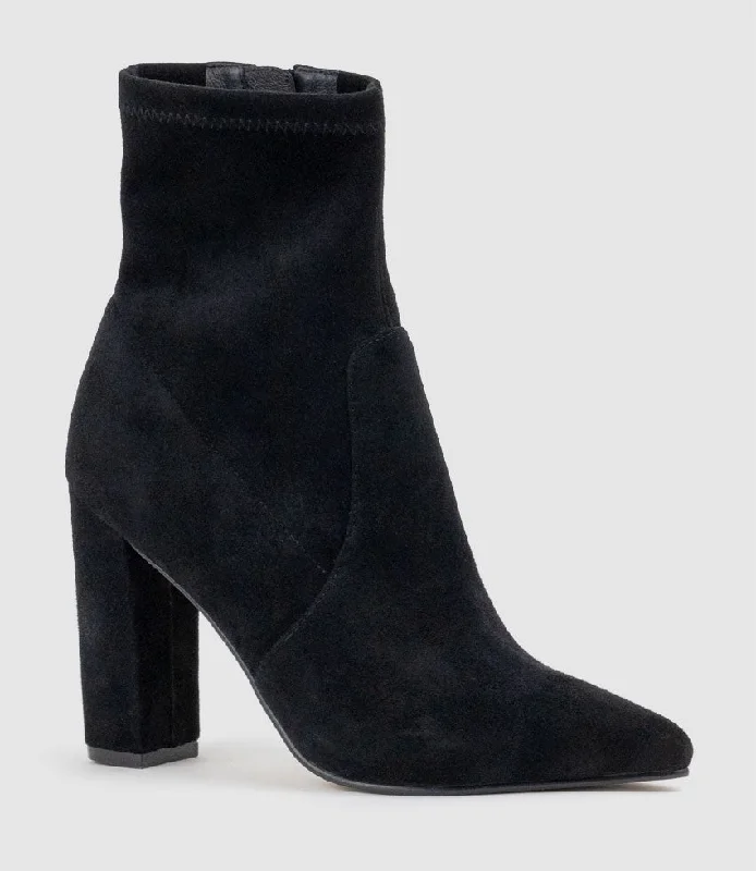 ZENYA100 Block Heel Sock Boot in Black Suede