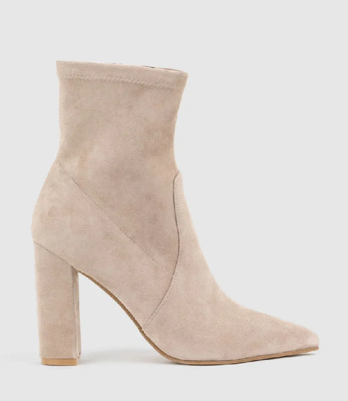 ZENYA100 Block Heel Sock Boot in Nude Suede