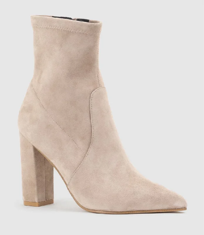 ZENYA100 Block Heel Sock Boot in Nude Suede