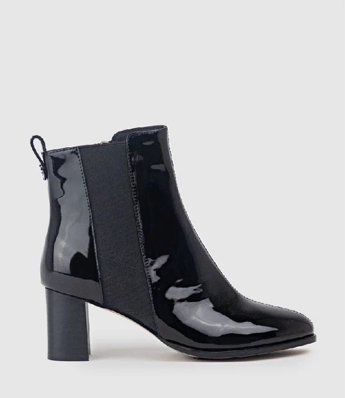 ZINC60 Block Heel Gusset Boot in Black Patent