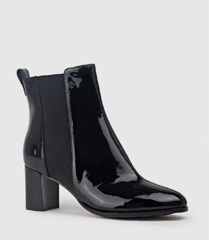 ZINC60 Block Heel Gusset Boot in Black Patent