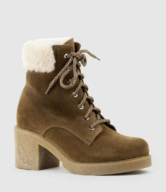 ZOOM Lace Up with Shearling in Walnut Suede